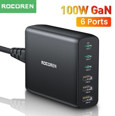 Rocoren 100W GaN Charger 6 Ports USB Type C PD Fast Charger Quick Charge 4.0 3.0 USB Desktop Charger