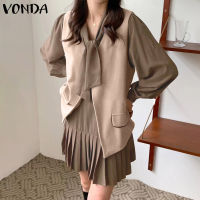 VONDA Women Fashion Long Sleeve Holiday Party Pleated Dress Casual Lace-up Plain Short Dresses (Korean Causal) [Clearance Sale]