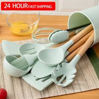 Green Silicone Utensils Cooking Kitchenware Tool Set With Wooden Multifunction Handle Non-Stick Spatula Ladle Egg Beaters Shovel cookware set