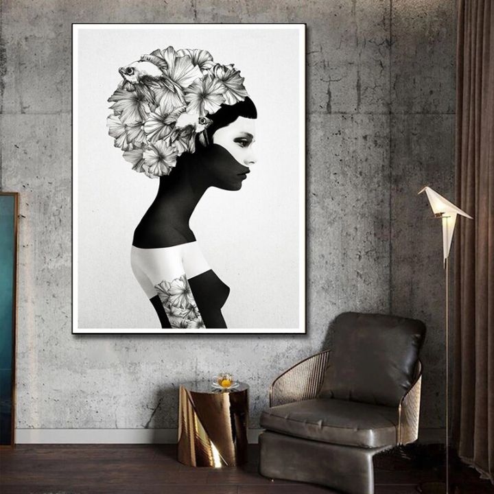 สไตล์สีดำสีขาวนอร์ดิกดอกไม้โปสเตอร์และภาพพิมพ์สาวผ้าใบจิตรกรรม-m-arianna-ภาพผนังศิลปะสำหรับห้องนั่งเล่นตกแต่งบ้าน-c-uadros