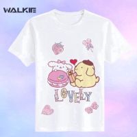 เสื้อแขนสั้น เสื้อไม่ต้องรีด เสื้อยืดผ้าหนา tshirt เสื้อยืดคอกลมแขนสั้น Walkie Sanrio Pompom Purin เสื้อยืดลําลอง แขนสาม