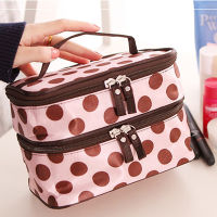 BEAUTYBIGBANG กระเป๋าเครื่องสำอาง Double Layer Dot Pattern Travel Toiletry Bag Organizer With Mirror