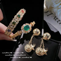 ชุบสร้อยข้อมืออัญมณีสีรุ้งพร้อมกำไลถักเพทายสีเขียวนกยูงสีทอง18K