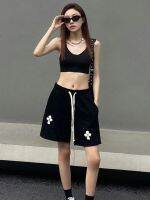 Correct Version Summer CHChrome HeartChrome Heart Cross metal patch leather shorts loose mens and womens straight five-point pants