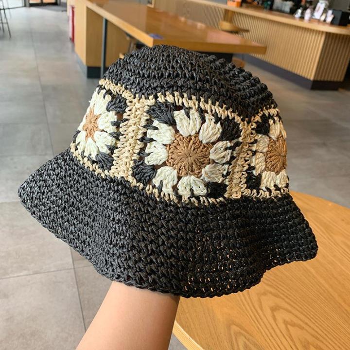 hot-summer-outdoor-paper-straw-hat-women-beach-holiday-sun-wide-brim-hand-woven-flowers-daisy-bucket-straw-hat