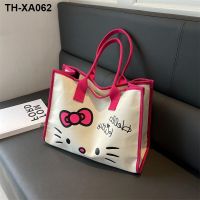 กระเป๋าผ้าแคนวาสลายการ์ตูน KT แบบพกพา Hello Kitty กระเป๋าโท้ทความจุขนาดใหญ่กระเป๋าสะพายนักเรียนเดินทาง