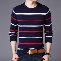 ฤดูใบไม้ร่วงผู้ชายถักเสื้อกันหนาว O คอยาวแขนเสื้อ Slim Fit Stripe จัมเปอร์ Casual Bottoming เสื้อแคชเมียร์ Comfy A09