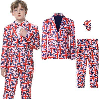 Boys Suit Union Jack Patriotic Clothing Set Children Britain Flag Formal Gentleman Party Outfits Classic Jacket Pants &amp; Tie 3PCS