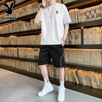 【July hot】 Playboy summer short-sleeved suit mens ice silk t-shirt matching handsome white casual sports set