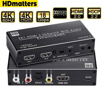 ตัวสลับสัญญาณเสียง2พอร์ต HDMI สวิทช์2.0b เครื่องแยกสัญญาณเสียงสำหรับ PS5 4K 60Hz 5.1Ch HDMI ARC สลับกับ Toslink สเตอริโอ HDCP 2.2