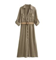 European and American style new womens design versatile linen belted shirt dress 8036707 505