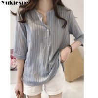 Blouse Women Striped Shirt V Neck Causal Ladies Top half Sleeve Summer Plus Size S- 4XL Korean Fashion Clothing womens blouses