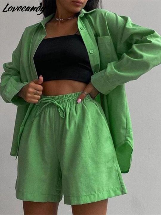 women-tracksuit-shirt-shorts-two-piece-set-green-long-sleeve-top-shorts-suit-2022-summer-casual-female-single-breasted-outfits
