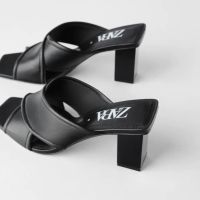 Spanish summer new 2022 ZARAˉopen-toed cross-strap black soft leather large-size high-heeled thick-heeled slippers