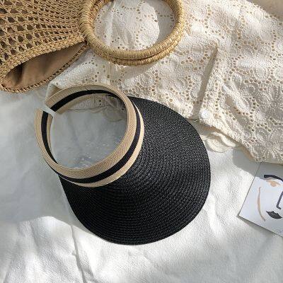 【CC】Women Summer Hat Outdoor Sun Protective Ponytail Straw Hat Face Transparent Visor Cap Handmade Natural Raffia Spring Sun Visor