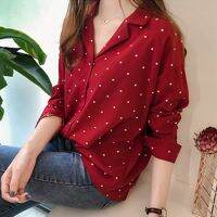 COD DSFERTRETRE Preppy Style Women Dot Print Button Turn-down Collar Long Sleeve Blouse