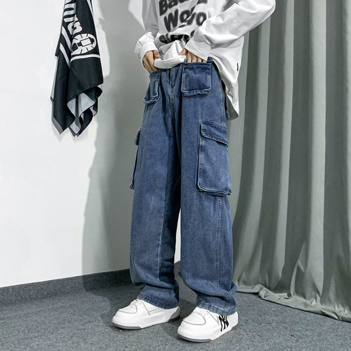 supeeon-เรียกกางเกงยีนคาโก้ของผู้ชายกางเกงขากว้างมีกระเป๋าหลายแบบกางเกงลำลองหลวมดีไซน์แบรนด์น้ำขึ้นน้ำลง