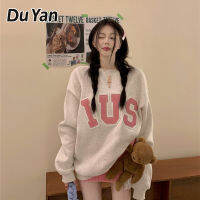 Du YAN เสื้อกันหนาวบางคอตตอน100% 260ก. สำหรับเสื้อผู้หญิงคอกลมปักลายตัวอักษรและแถบด้านหลัง