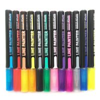 12Pcs Metallic Marker ปากกา Fine Point Double Line ปากกาเน้นข้อความปากกาสำหรับการ์ดวันเกิด Art Graffiti Illustration