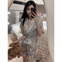 ○ Ice silk pajamas womens summer net red wind Monet garden print short-sleeved shorts silk home clothes spring and autumn two-piece suit