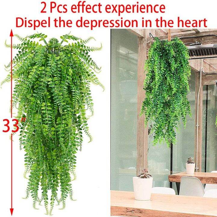 2-pcs-artificial-hanging-ferns-plants-vine-fake-ivy-boston-fern-hanging-plant-outdoor-uv-resistant-plastic-plants