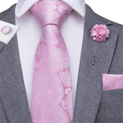 Hi-Tie Pink Ties for Men Floral Necktie Paisley Tie Boutonniere Handkerchief Cufflinks Set for Wedding Business Cravat Gift Box