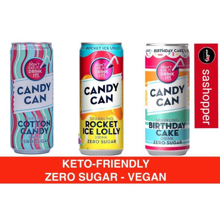CANDY CAN Sparkling Soda ZERO SUGAR KETO Birthday Cake Rocket Ice Lolly Cotton Candy 330ml