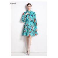 Vacation Style Ruffled Womens Lapel Lantern Sleeve Printed Waist-Controlled Slimming Dress