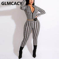 Women Houndstooth Printed Long Sleeve Zip Up Slim Jumpsuit Elegant Chic Overalls