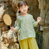 FORHER FORHIM Girls Hanfu สูทชุดเด็กในฤดูร้อนขนาดเล็กใหม่บริสุทธิ์และสดชื่นและเครื่องแต่งกายสไตล์จีน FH3574ผ้าป่านบางๆ