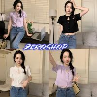 Zero shop?พร้อมส่ง? (Zero-56062) เสื้อไหมพรมแขนสั้น คอปก ผ้า่องดีเทลเว้าหน้าอกเล็กๆ