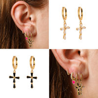 AIDE Pendientes Plata 925 Silver Piercing Earring Pink Zircon Cross Hoop Earrings for Woman Jewelry Bijoux Femme Boucle Oreille