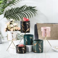 (Gold Seller) Ceramic Marble Gold Succulents Flower Pot With Iron Stand Makeup Pencil Case Artificial Flower Vase Hydroponic Plants Container