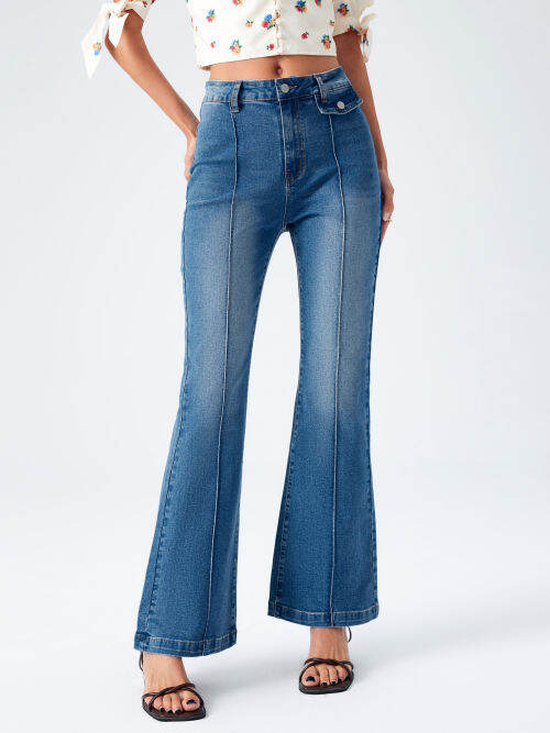 Cider Denim Washed High Waist Flared Jeans Lazada.co.th