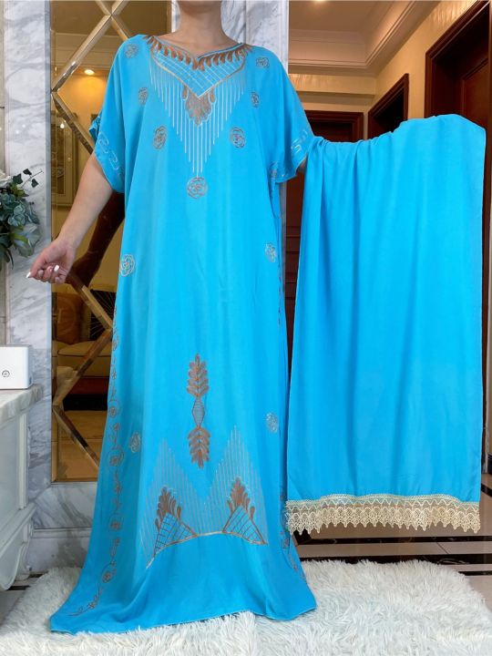 new-dubai-women-party-dress-summer-short-sleeve-dresses-with-big-lace-scarf-cotton-embroidery-loose-maxi-lady-islam-clothes