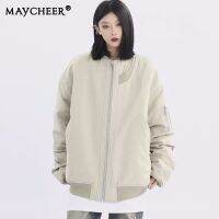 MAYCHEER เสื้อแจ็คเก็ตเอวลอยคู่ที่เรียบง่ายหนาทรงหลวมไม่มีหมวกสำหรับทั้งชายและหญิง