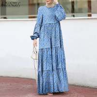 Womens Muslim Sundress Elegant Print Ruffle Dress Female Layered Printed Robe ZANZEA Casual Puff Sleeve Maxi Vesitdos