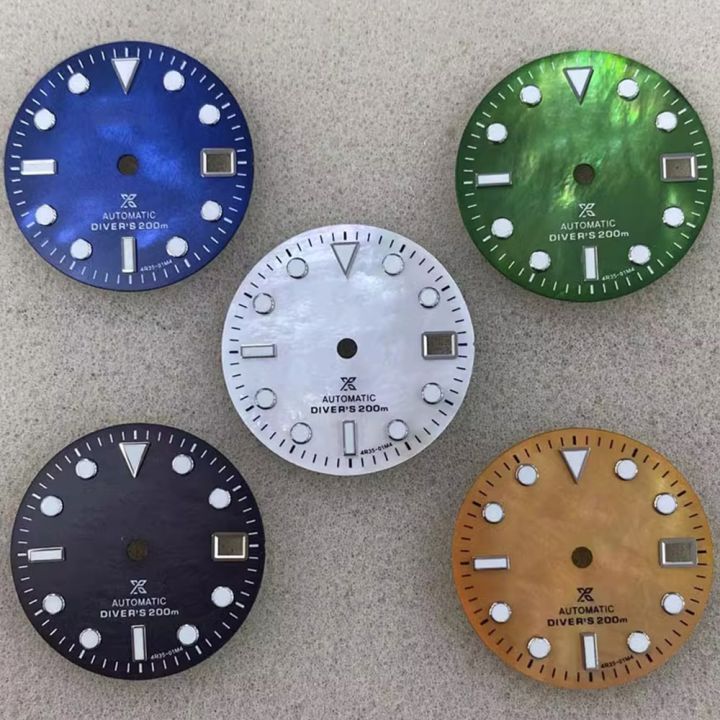 หน้าปัดนาฬิกาสีขาว-ดำ-เขียว-ส้ม-น้ำเงินขนาด29มม-พร้อมสีเขียวส่องสว่างเพื่อการเคลื่อนไหวของนาฬิกา4r36-nh35