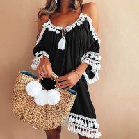 hjk 2023 Tassel Boho Beach Shoulder Half Sleeve Loose Dresses Female