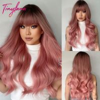 Long Wavy Black Pink Gray Synthetic Hair Wigs with Bangs for Women Natural Body Wave Cosplay Ash Pink Ombre Heat Resistant Wig Wig  Hair Extensions Pa