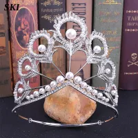 New Arrival Pageant Round Silver Pearl Feather Shining Rhinestone Tiara Crown