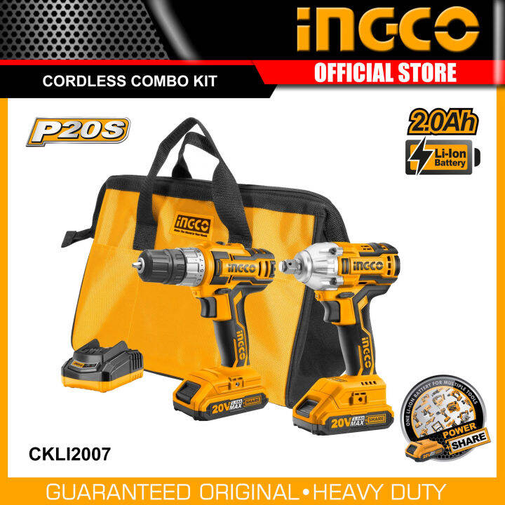 Ingco CKLI2007 P20S LithiumIon Cordless Combo Kit Drill & Impact Wrench 20V IPT Lazada PH