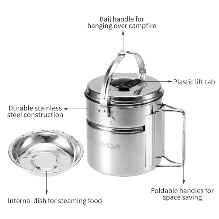 lixada-สแตนเลสประกันจับหม้อตั้งแคมป์ที่มีภายในนึ่งจานจับพับเก็บได้
