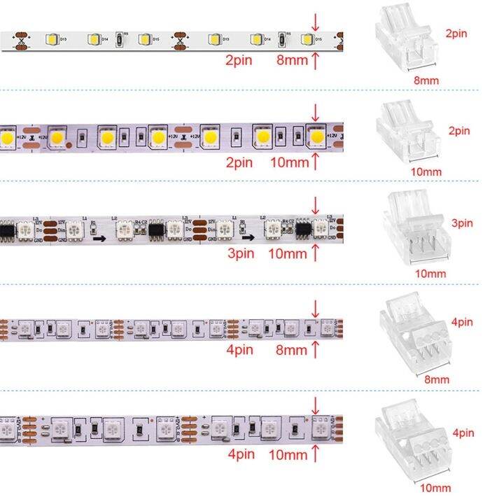 5pcs-led-light-strip-connector-2-3-4pin-8mm-10mm-waterproof-wire-connector-for-smd-5050-single-color-multicolor-rgb-tape