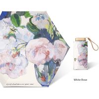 【Ink and green】 Totes Micro Mini Manual Compact Umbrella Rose Oil Painting Umbrella Pink With Multicolored FlowersTravel Umbrella For Woman