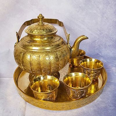 ชุดน้ำชากาโบราณ ทรงฟักทองตอกลาย ถาดน้ำชาทองเหลืองหล่อหนา 10 นิ้ว แบบขอบตึ้ง ตอกลาย