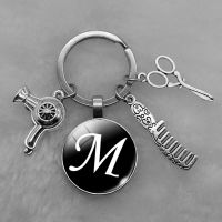 ㍿ A-Z letter hair dryer key chain hairdresser gift comb scissors car key ring accessories jewelry gift hairdresser key chain