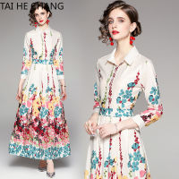 High Quality Women Long Sleeve Dress New Fashion Retro Vintage Party Runway Print Maxi Dresses