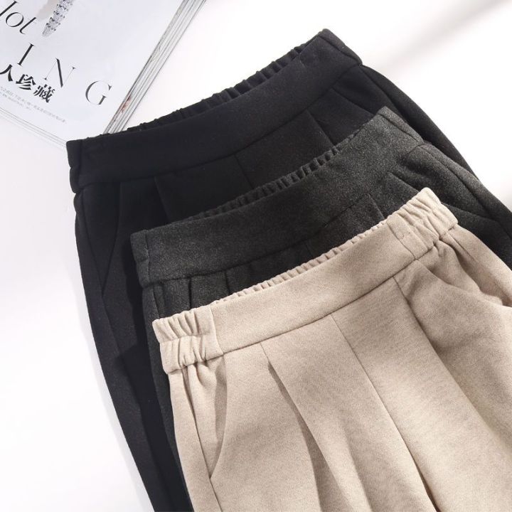 ฉบับภาษาเกาหลีแฟชั่นของผู้หญิงกางเกงเอวสูงบางกางเกง-harun-เทรนด์คลาสสิก-celana-setelan-สีทึบหลวมกางเกงขนาดใหญ่