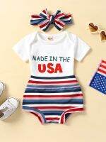 Tikwwyo Infant Girl Independence Day Summer Outfit USA Short Sleeve Romper American Flag Stripes Shorts Headband (White 0-3  by Hs2023